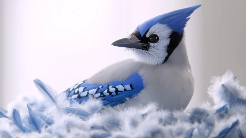 Resting Blue Jay in a Bed of Feathers