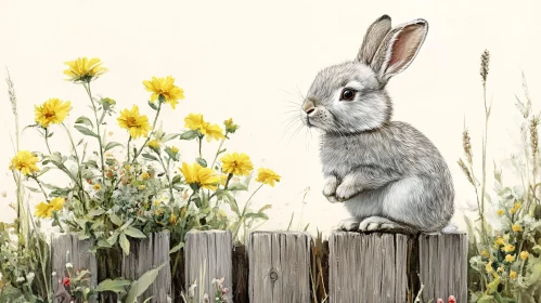 Bunny with Yellow Blooms in Garden