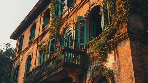 Old Brick Building with Balcony View