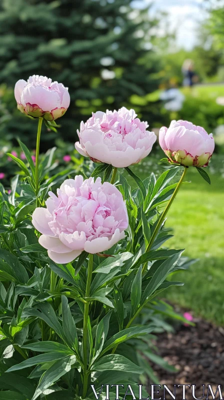 Delicate Pink Peony Flowers in Garden Setting AI Image