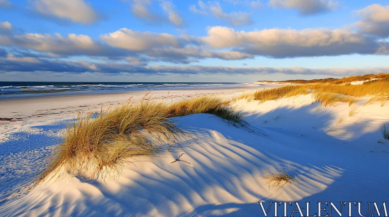 AI ART Tranquil Beach with Sandy Dunes and Clouds