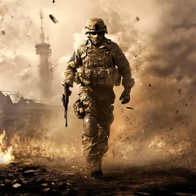 Resolute Warrior in War-Torn Landscape