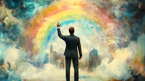 Man and Rainbow Over Cityscape Painting
