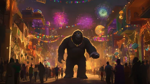 Festive Gorilla Amidst Fireworks Display