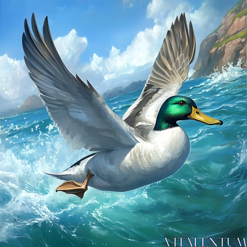 Majestic Duck Soaring Above the Sea AI Image