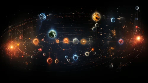 3D Solar System Image: Planets in Intertwined Networks on Black Background