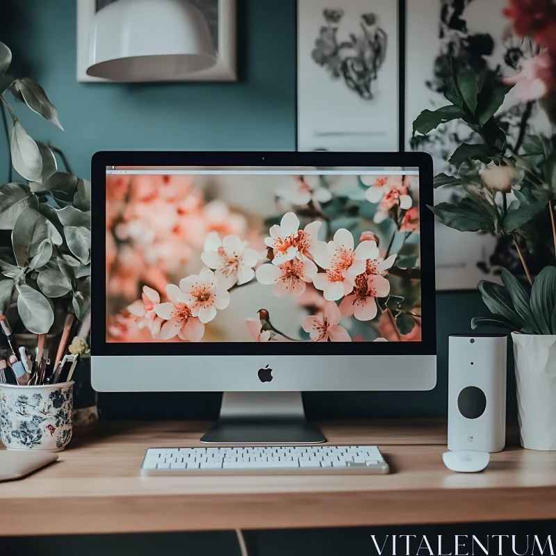 Aesthetic Workspace with Floral Screen AI Image