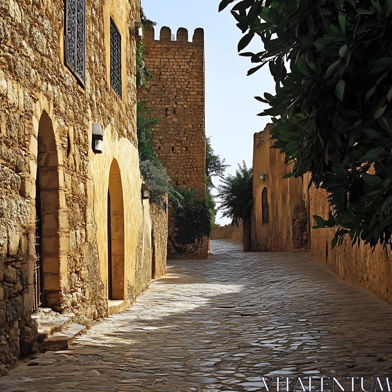 Old Town Stone Alleyway with Distant Tower AI Image