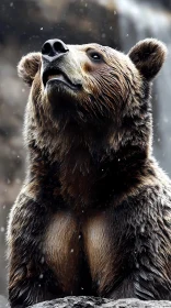 Contemplative Bear Amid Falling Snow