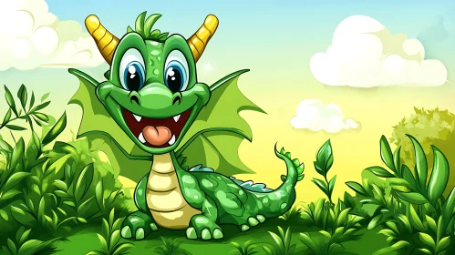 Smiling Green Dragon in a Cartoon Landscape