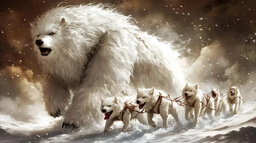 White Bear and Sled Dogs in Snow