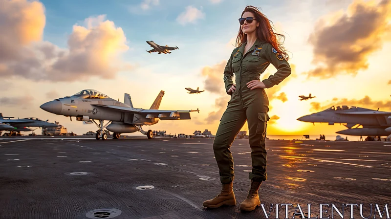 Confident Pilot at Sunset on Carrier Deck AI Image