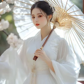 Woman with Parasol in Floral Setting