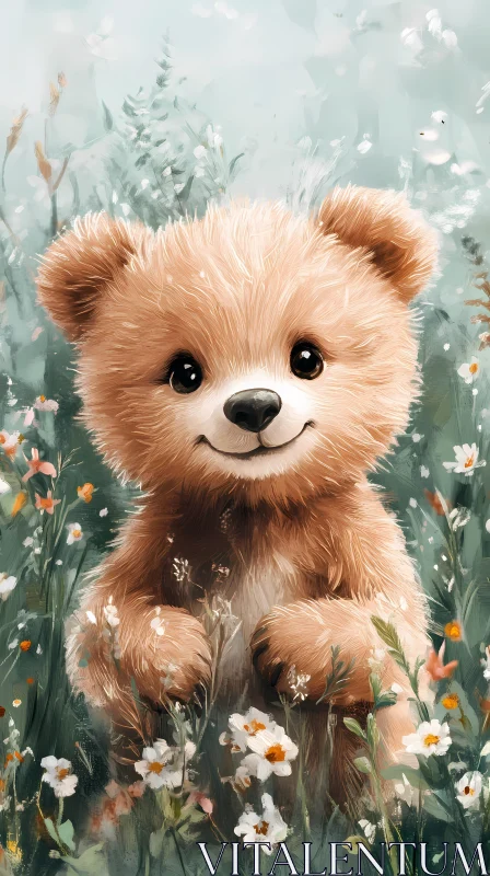 Playful Bear Amidst Wildflowers AI Image