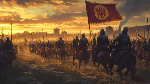 Medieval Knights on Horses at Sunset