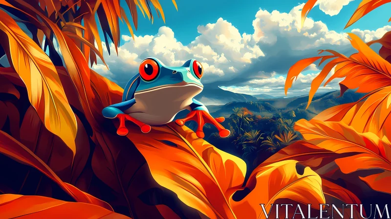 AI ART Colorful Jungle Frog and Lush Foliage