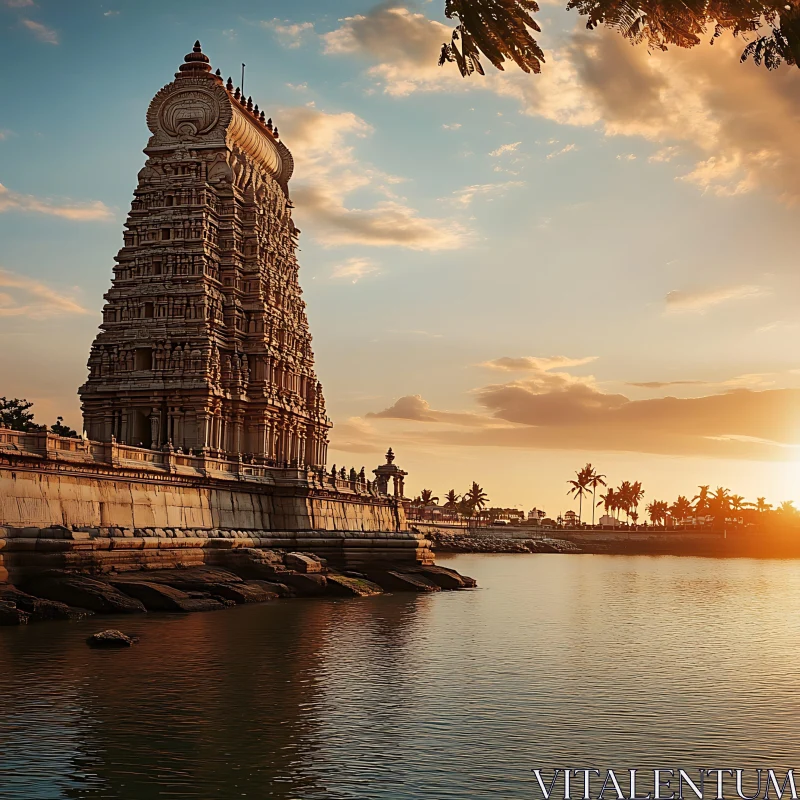 Sunset Over Ancient Temple by the Water AI Image