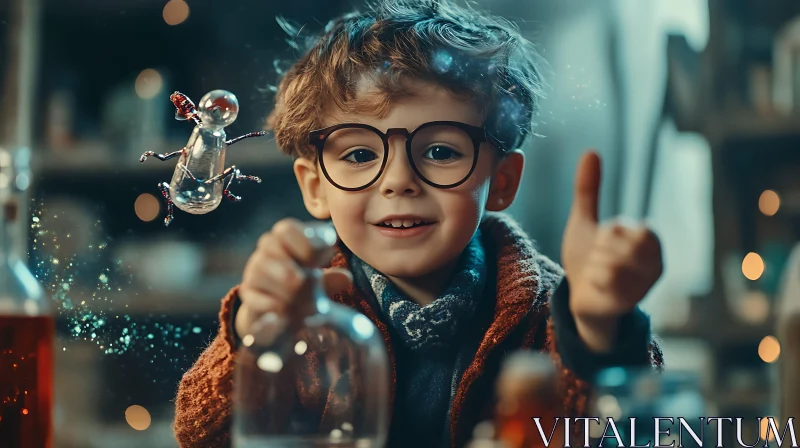 Boy with Glasses and Floating Figure AI Image