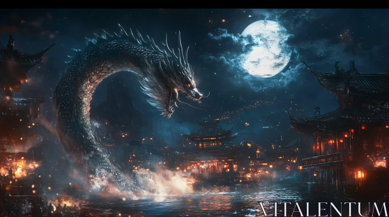 Mystical Dragon and City at Night AI Image