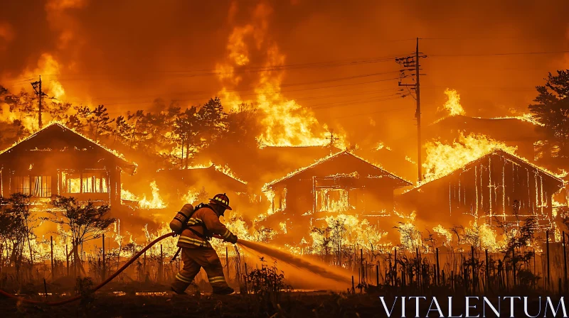 Heroic Firefighter Facing a Massive Fire AI Image