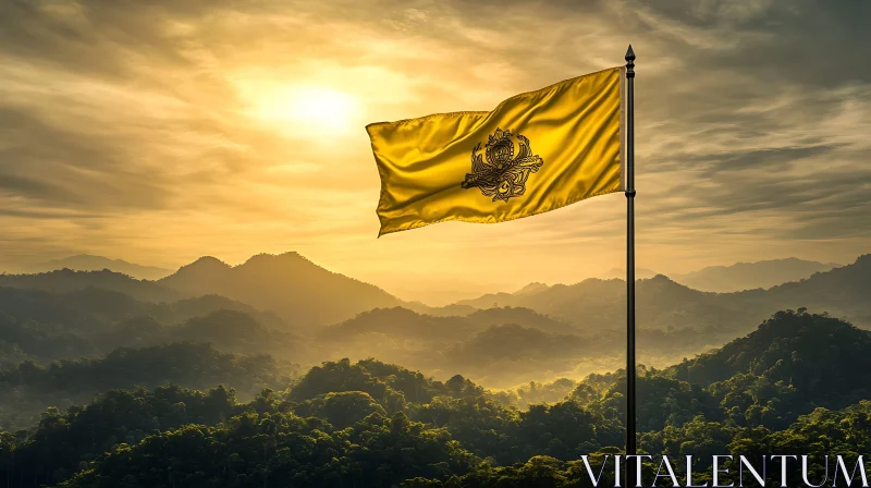 AI ART Mountain Range Sunset with Golden Flag