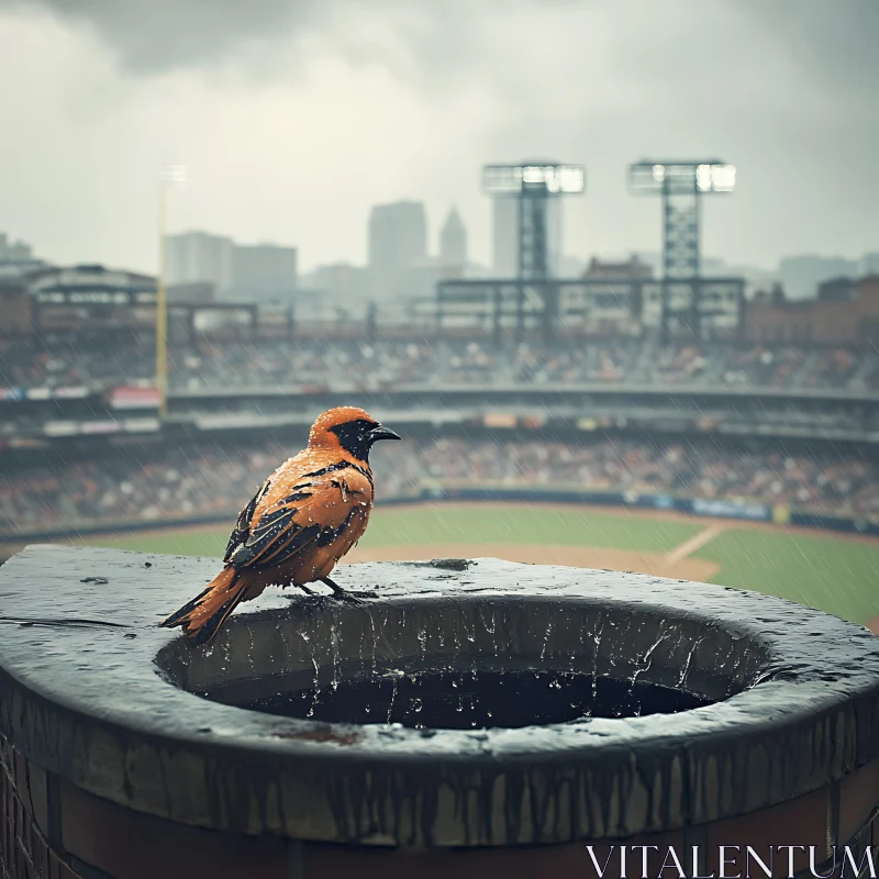 Bird on Ledge at Rainy Game AI Image