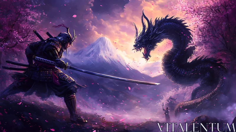 AI ART Warrior Confronts Dragon Under Cherry Blossoms