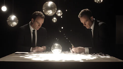 Suited Men Under Spherical Lights