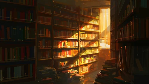 Captivating Painting of a Sunlit Library with Bookshelves