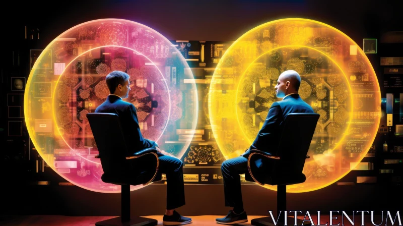 Colorful Mindscapes: Two Men in Business Suits in Front of Glowing Circular Lights AI Image