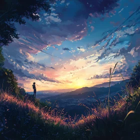 Contemplative Figure at Sunset Over Hills