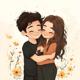 Sweet Cartoon Couple Hug with Floral Accents