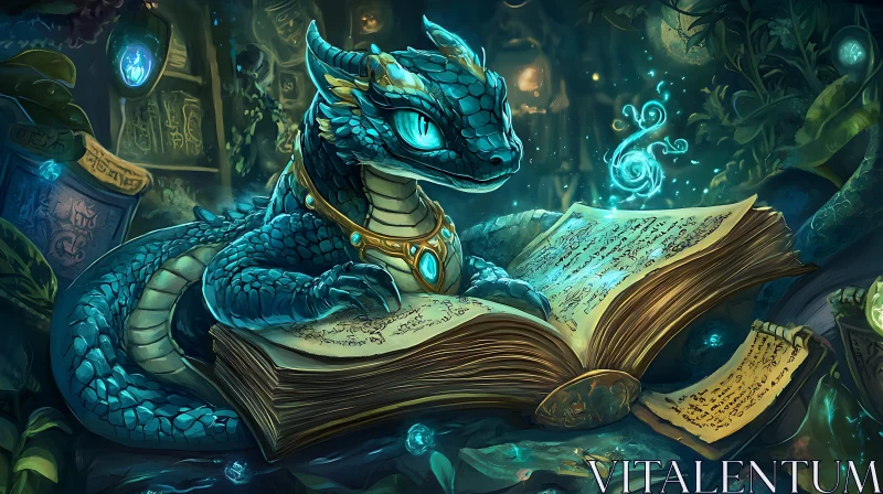 AI ART Teal Dragon Reading a Book