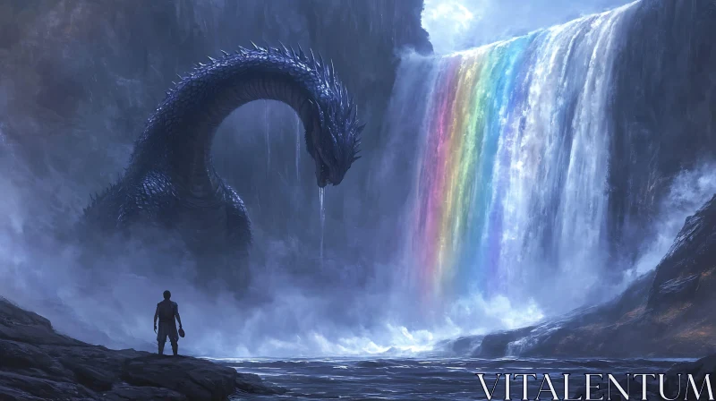 Mystical Dragon by the Rainbow Falls AI Image