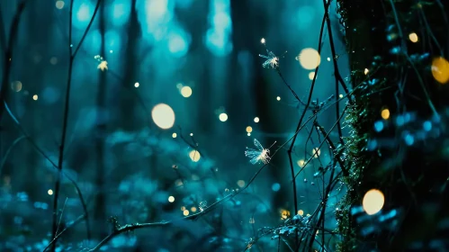 Enchanting Night Scene in a Forest: Moonlit Trees and Glowing Fairies