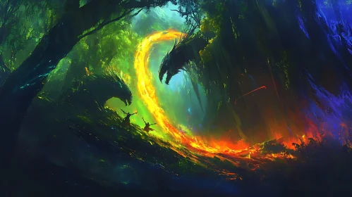 Dragons and Fire in Forest Clearing