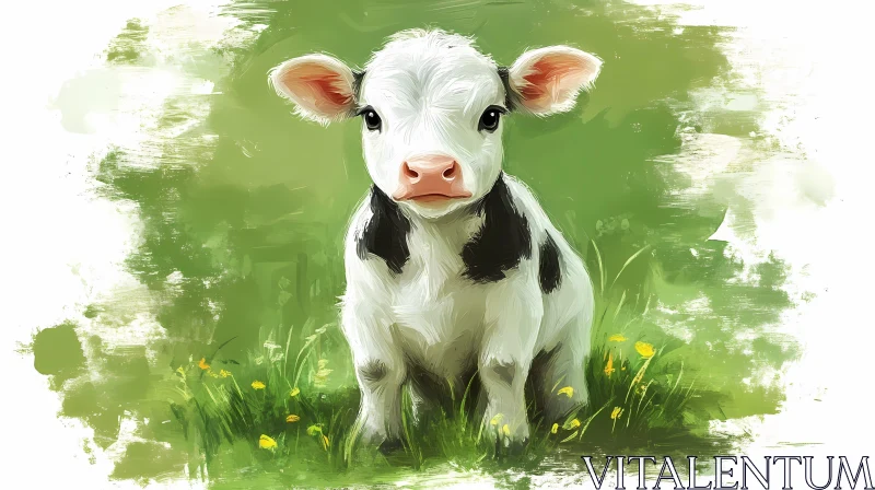 Cute Calf in Green Pasture AI Image