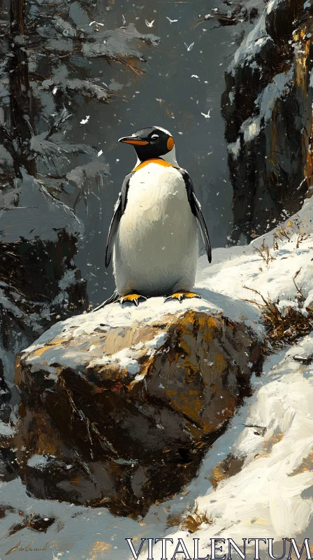 Solo Penguin in Snowy Landscape AI Image