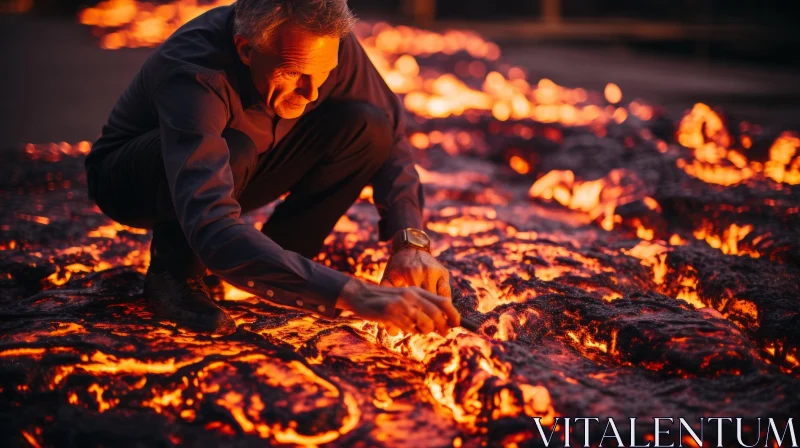 Fiery Encounter: A Man Confronts the Lava | Image AI Image
