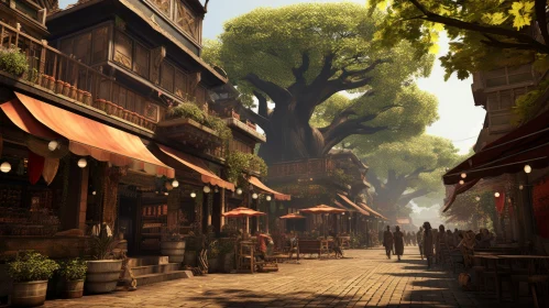 Island Village Artwork - Ethereal Trees and City Life