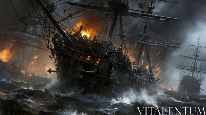 Thrilling Pirate Ship Battle Painting in a Storm AI Image