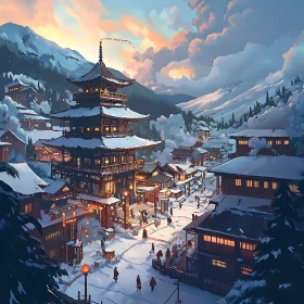 Snowy Pagoda Village in Winter