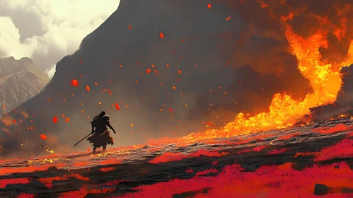 Lone Warrior Facing Lava Landscape