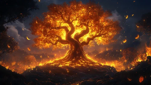 Burning Tree Under Night Sky