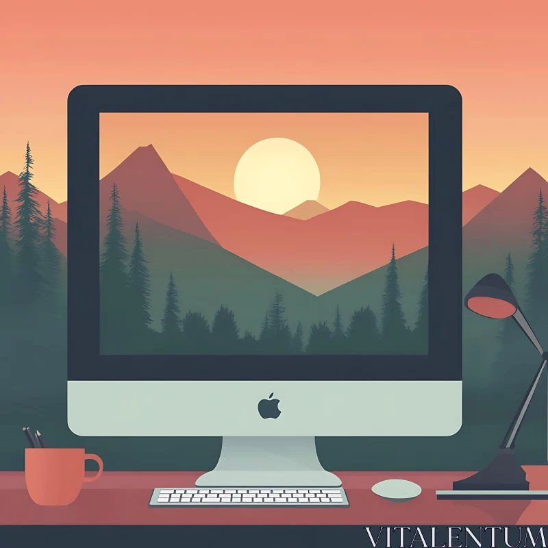 Mountain Sunset on Desktop Screen AI Image