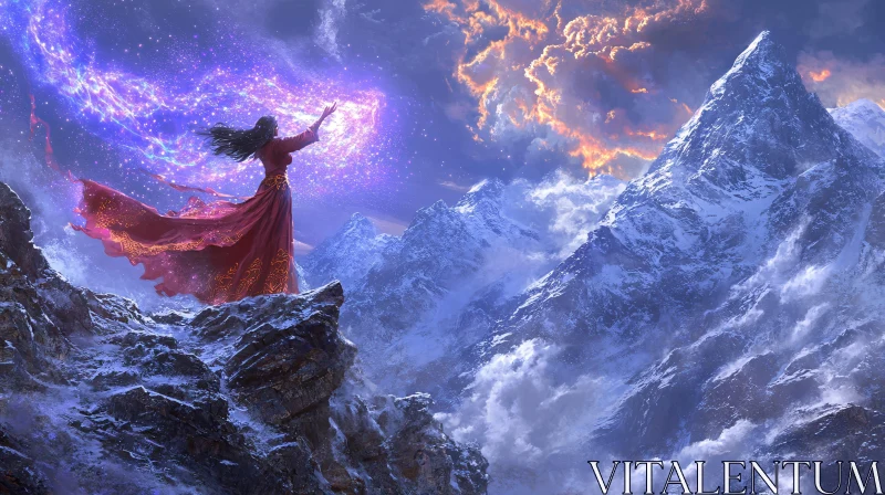 Mystical Mountain Scene with Woman AI Image