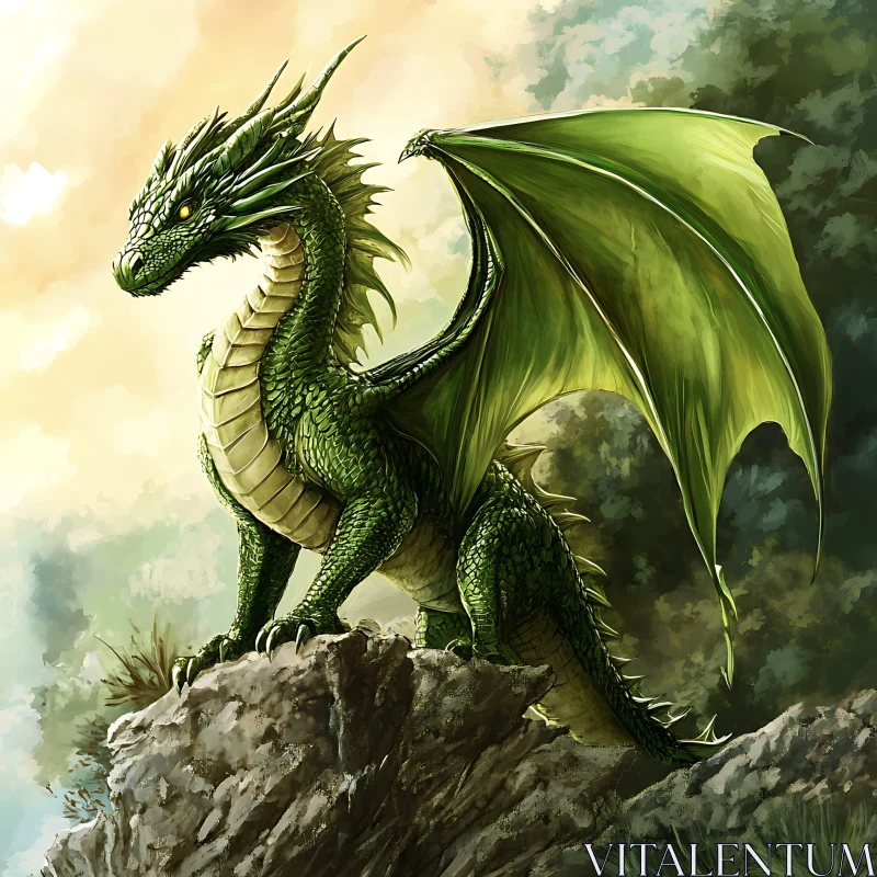 Green Dragon on Rock AI Image