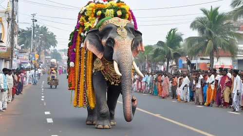 Elephant Procession in a Festive Street