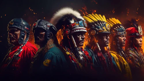 Native American Warriors with Fiery Backdrop