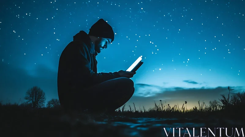 Silhouette Reading Book at Night AI Image